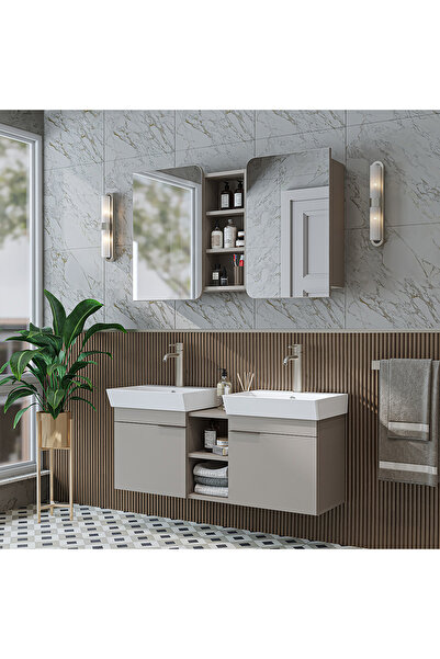 ROOMART Likya 2 Kapaklı Ve Açık Raflı Mdflam 2 Lavabolu 120 Cm Banyo Alt Dolabı Üst Dolabı