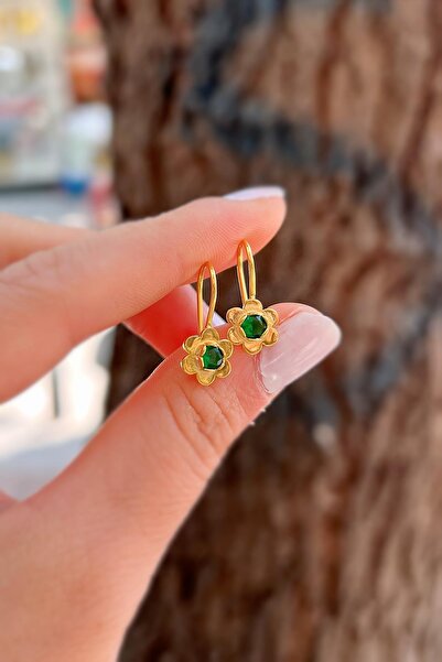 Erer Gümüş Gümüş yeşil taşlı çiçek model çocuk küpe