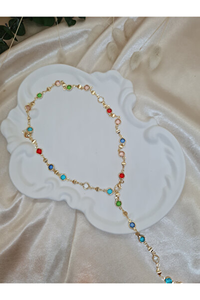 ZEYM Kadın Renkli Taş Detaylı Altın Renk Y Kolye