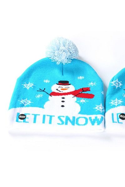 Linomag Fes Hat with LED Lights on/off and Winter/Christmas Print, Let It Snow, UNISEX, ONE SIZE, White/Blue