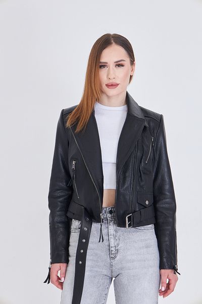 By Marki Marki Women's Genuine Jumbo Leather Jacket – Double Breasted Collar, Zippered and Belted, 56 cm - 117722