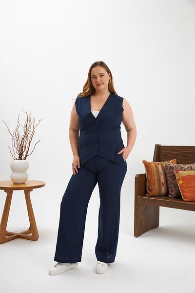 RMG Plus Size Trousers Vest Double Suit Navy Blue