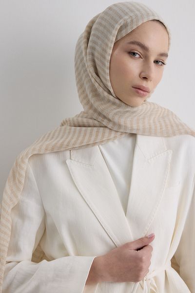 Fenza Sara Beige Wide Striped Linen Textured Cotton Shawl