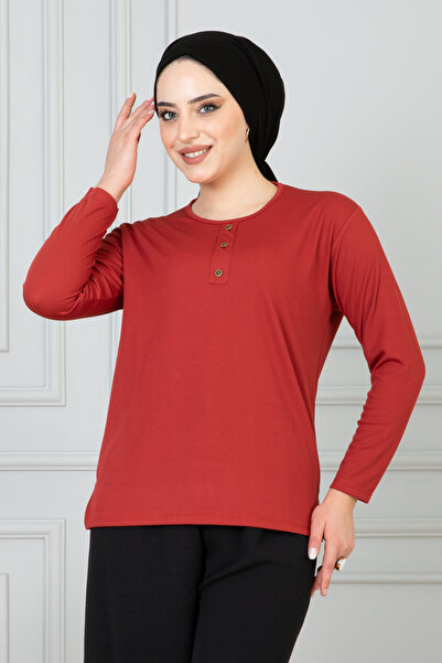 nacar çarşı Kadın Kiremit Fitilli Yazlık Mevsimlik Uzun Kollu Düğme Detaylı Penye Bluz