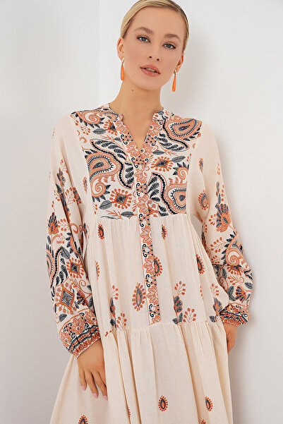 Bigdart 2423 Otantik Desenli Tesettür Elbise - TURUNCU 1