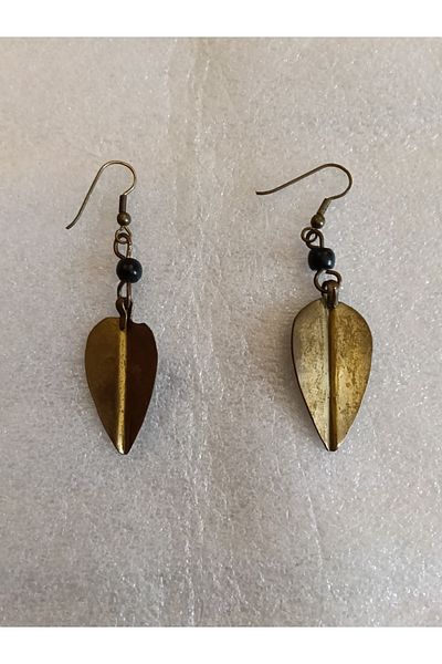 Butik Tülin Authentic Handmade Brass Black Beads Leaf Dangle Earrings 6.5X1.7 cm Made in Kenya