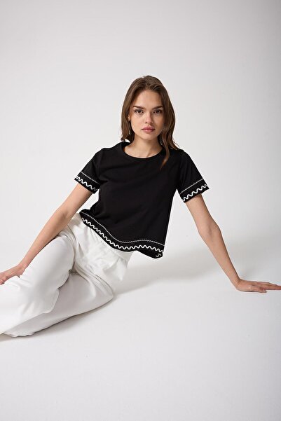 AMİDA Tricou de damă cu broderie neagră cu mâneci brodate cu design tăiat cu ...