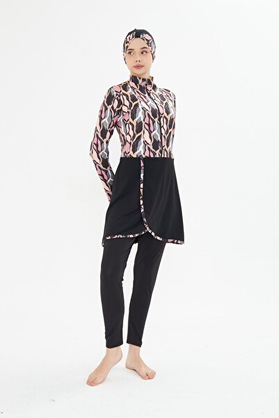 Fantasy Tam Kapalı Likralı Desenli Etekli Tesettür Mayo Siyah 3481-S