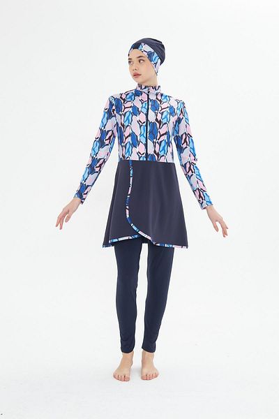 Fantasy Full Covered Lycra Patterned Skirted Hijab Swimsuit Navy Blue 3481-L