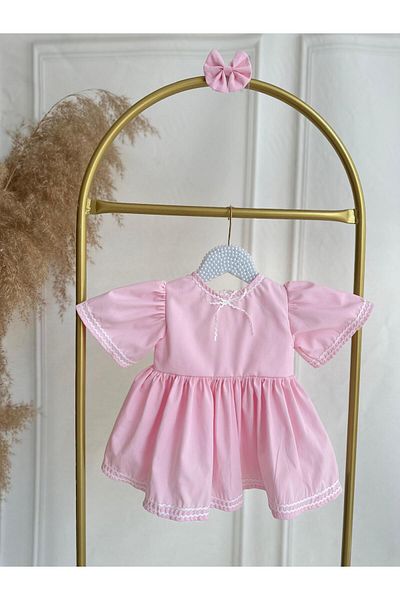 Hobidik Baby Girl Kids Pink Poplin Fabric Water Stone Detailed Dress