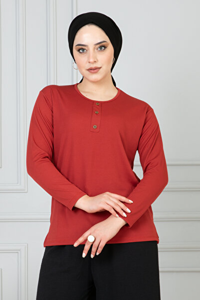 nacar çarşı Kadın Kiremit Fitilli Yazlık Mevsimlik Uzun Kollu Düğme Detaylı Penye Bluz