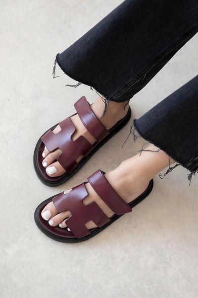 STRASWANS Palmeira Women's Velcro Leather Slippers Claret Red