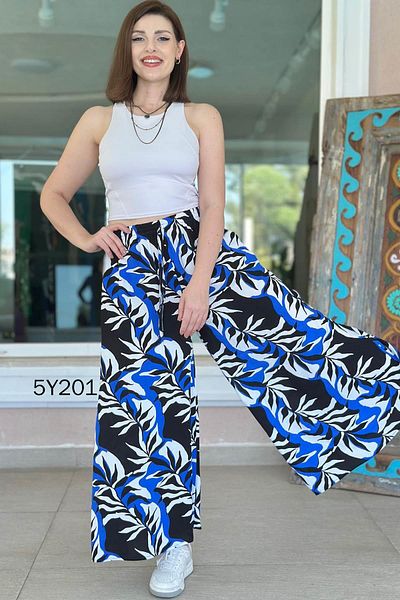 İnce Topuk Patterned Viscose Wide Leg Trousers 5Y201