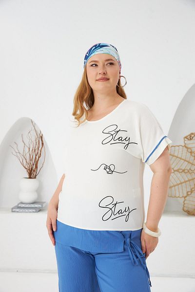 RMG Stay Written Plus Size Blouse-Pants Set Indigo