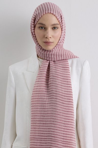 Fenza Sara Pink Wide Striped Linen Textured Cotton Shawl