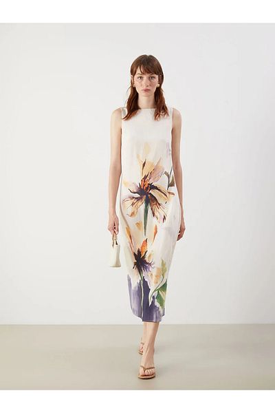 LC Waikiki Lcw Vision Ecru Boat Neck Floral Dress