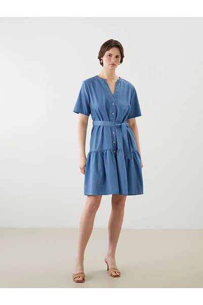 LC Waikiki Μίνι τζιν φόρεμα LCWAIKIKI Classic Indigo με γιακά με ζώνη