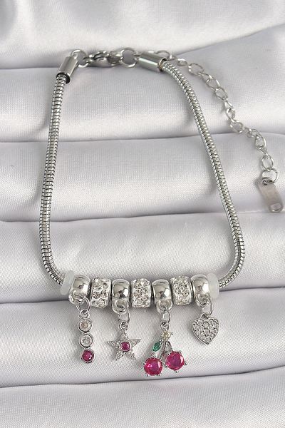Skygo 316L Steel Silver Color Chain Dangle Zircon Stone Cherry Figure Heart Detail Women's Bracelet - Tj-Bb6707