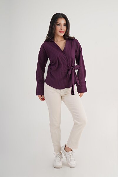 Hipo Trend Thick Line Side Tie Regular Fit Plum Shirt