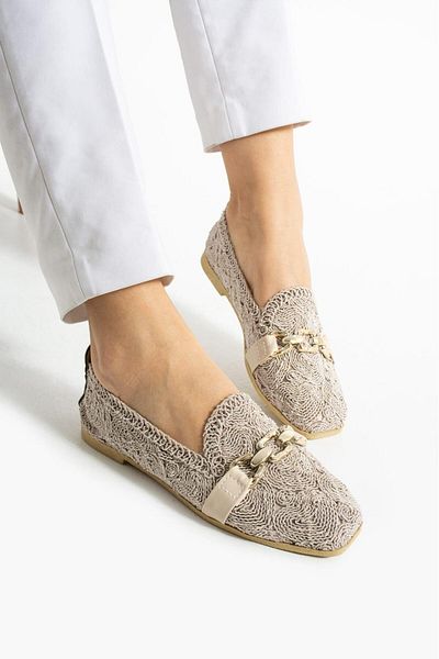 VENUCIA Chain Detailed Breathable Flexible Summer Knitted Model Straw Casual Women's Ballerina Shoes