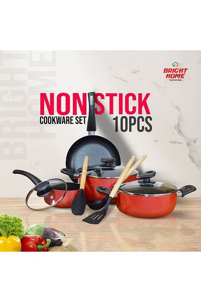 Bright Home 10 Pcs Non-Stick Cookware Set Red/Black With Glass Lid