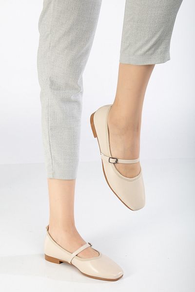Tonny Black Women's Beige Oval Toe Buckle Tie Ballerinas
