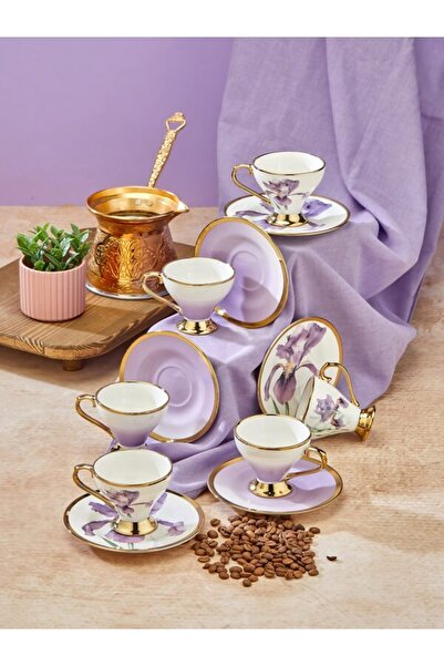 Home lüks porselen çiçekli yaldız detaylı 6 kişilik türk kahve fincan takımı