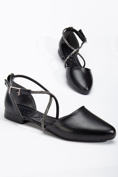 Tonny Black Women's Black Cross Stone Rope Detailed Ankle Strap Ballerinas
