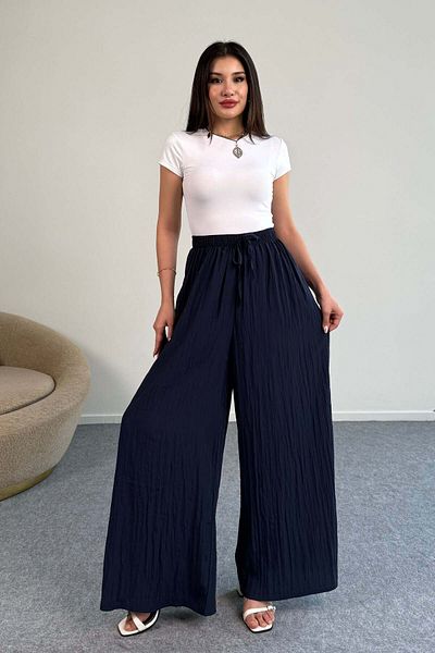Hatun Atila Kraşlı Elastic Waist Modal Wide Leg Palazzo Trousers - Navy Blue