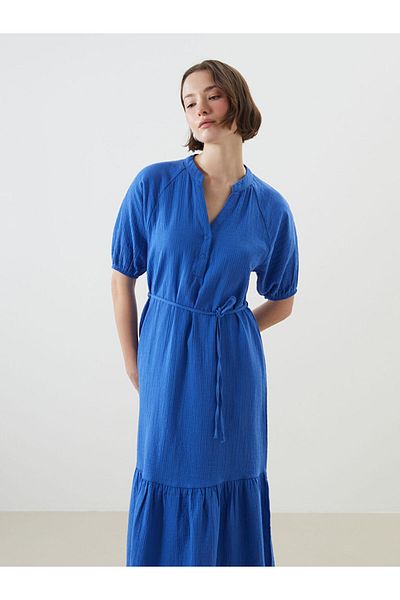 LC Waikiki Lcwaikiki Classic Blue Runaway Collar Textured Women Dress