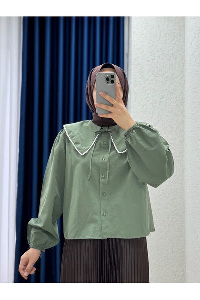 Mihra Sanonia Κοντό Πουκάμισο Ποπλίνα με Πέρλες στο Γιακά-NA792 Πράσινο