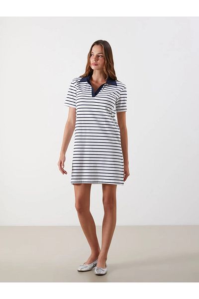 LC Waikiki Lcw Vision White Polo Neck Striped A-Line Dress