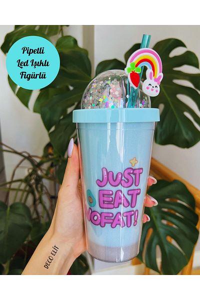 BiTon Toptan Water Bottle with Straw, Led Light, Double Layer Mica Water Bottle with Rabbit Figure 2092 Blue