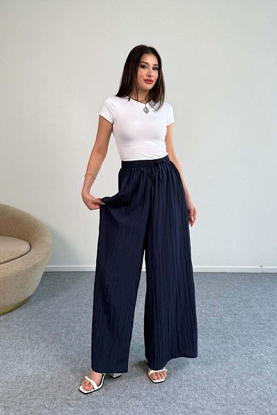 Hatun Atila Kraşlı Elastic Waist Modal Wide Leg Palazzo Trousers - Navy Blue