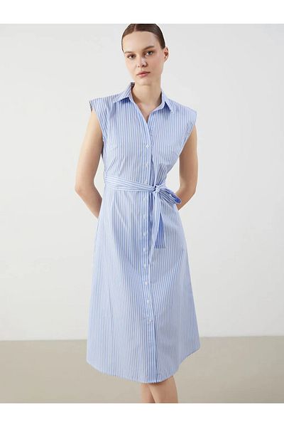 LC Waikiki Lcw comfort blue belted striped shirt dress