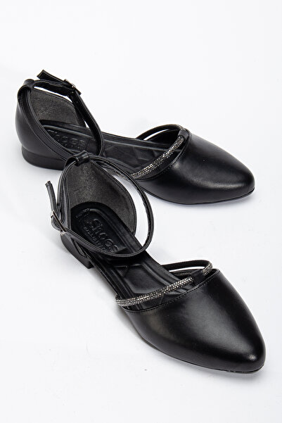 Tonny Black Women's Black Stone Rope Detailed Ankle Strap Buckle Ballerinas