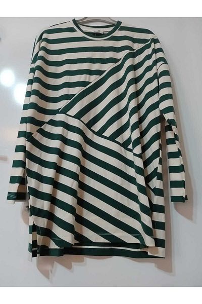 OceanGiyim Women's Tunic Green Striped Combed Cotton Tunic