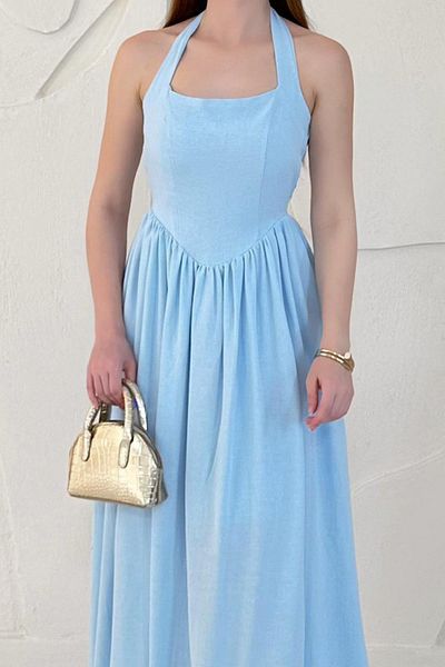 Elbee Fashion Woman Halter Linen Dress
