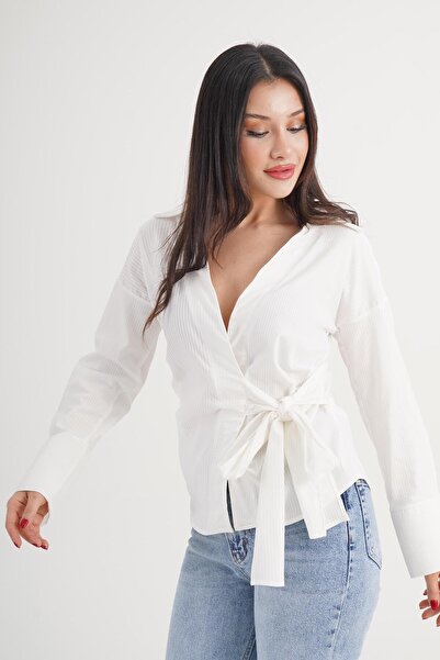 Hipo Trend Pinstripe Side Tie Regular Fit Cream Shirt