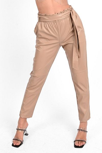 ADROM - Pants, Faux Leather, High Waist, Elastic, Beige, M