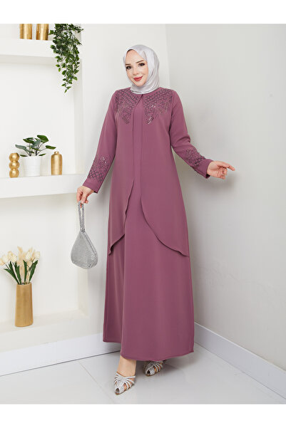 KMKkombin MOM plus-size neckline and sleeve twinkle stone embroidered evening...