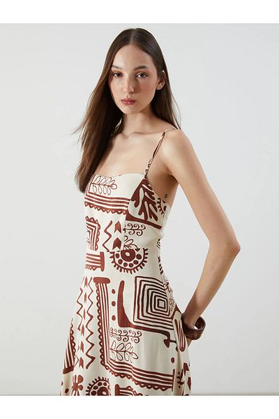 LC Waikiki Vision Ecru Square Neck Patterned Linen Blended Slim Fit Dress