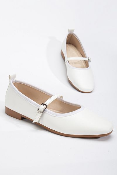 Tonny Black Women's White Oval Toe Buckle Tie Ballerinas