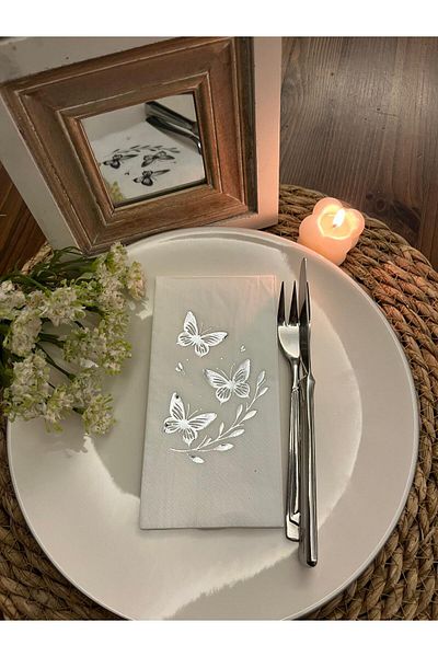 kidspartim Silver Gilded White Butterfly Leaf Detailed Napkin 16 Pieces