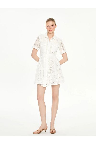 LC Waikiki Lcw Vision Ecru Embroidered Belted Mini Shirt Dress