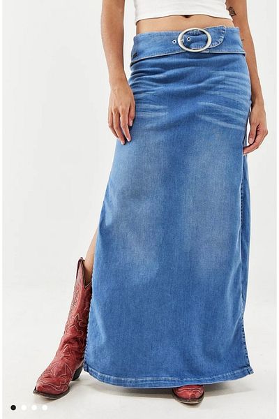VibeGaia Fusta maxi din denim arcuită cu două fante laterale Albastru