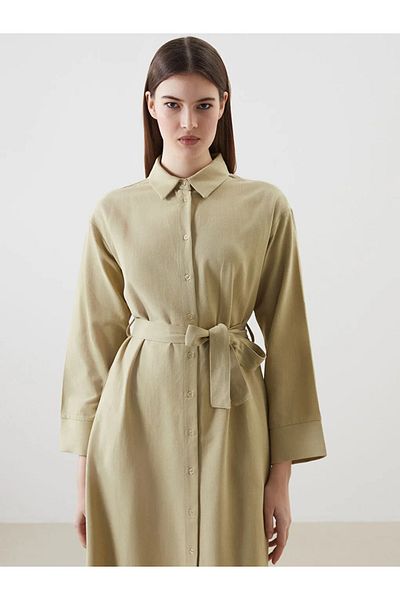 LC Waikiki Lcw Modest Green Linen Blended Women's Shirt Dress