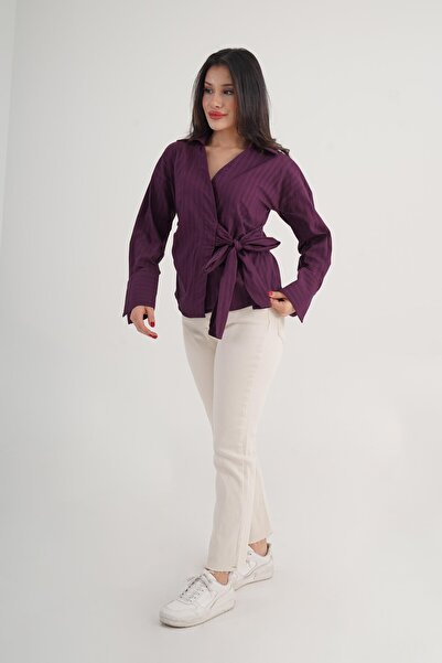 Hipo Trend Thick Line Side Tie Regular Fit Plum Shirt
