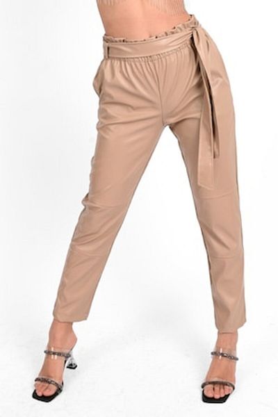 ADROM - Pants, Faux Leather, High Waist, Elastic, Beige, M