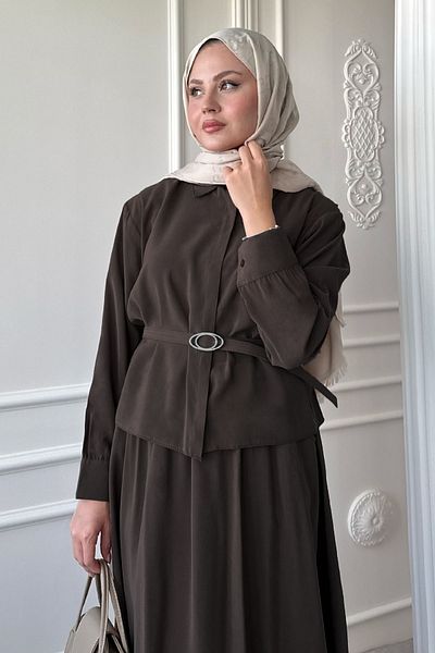 InStyle Bitter Brown Suit with Slim Belted Skirt